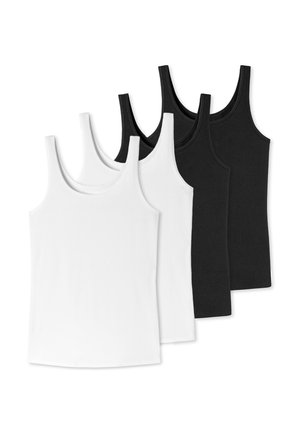 Vier ärmellose Tanktops in abwechselnden weißen und schwarzen Farben, flach auf einem weißen Hintergrund ausgelegt.