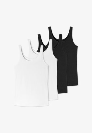 Vier ärmellose Tanktops in abwechselnden weißen und schwarzen Farben, flach auf einem weißen Hintergrund ausgelegt.