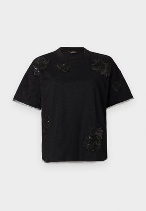 Schwarzes Kurzarm-T-Shirt mit strukturierten Verzierungen, Rundhalsausschnitt und rohen Säumen an den Ärmeln, gefertigt aus weichem Stoff.