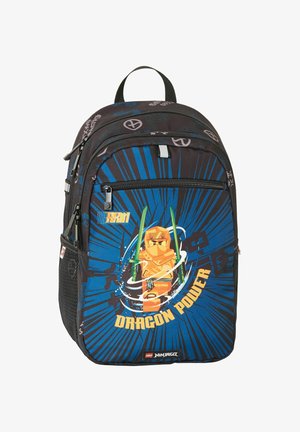 Sac à dos LEGO Ninjago noir et bleu représentant un ninja doré tenant deux épées vertes et le texte "Dragon Power."