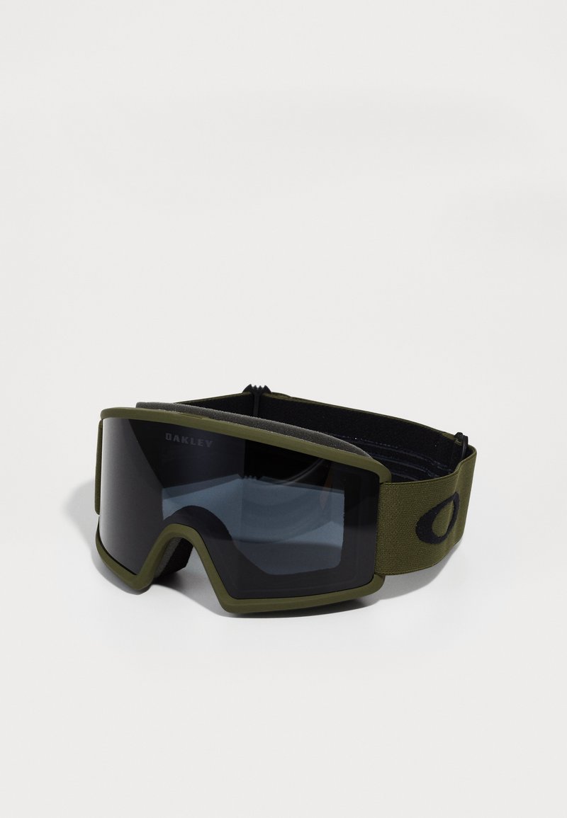 Green ski goggles with a wide, black lens; rubber frame; adjustable strap; logo on the side; designed for snow sport visibility.