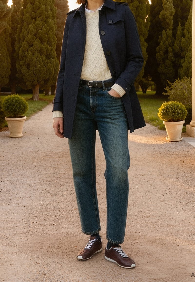 Personne à l'extérieur portant un manteau bleu marine, un pull crème, un jean bleu et des baskets marron, une main dans la poche, debout sur un chemin bordé d'arbustes verts.