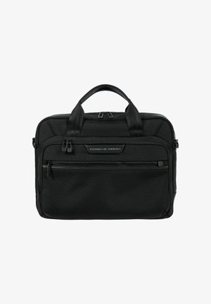 Valigetta nera Porsche Design con doppie maniglie, tasca frontale con zip e chiusura superiore con zip, realizzata in tessuto strutturato.