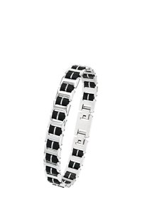 Pulsera de acero inoxidable plateado con incrustaciones rectangulares negras y un cierre de seguridad.