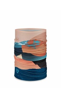 Cuello Buff multicolor con un diseño abstracto que presenta tonos de coral, azul y negro en una tela suave y stretch.