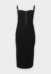 Μαύρο, αμάνικο midi φόρεμα με λεπτές τιράντες και λεπτομέρειες κλεισίματος με γάντζο και ματάκι στο μπροστινό μέρος.