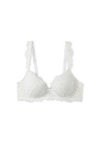 Reggiseno bianco in pizzo con bordi scallop, coppe imbottite e spalline regolabili. Presenta un motivo floreale e una chiusura a gancio sul retro.