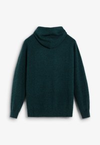 Sudadera con capucha en azul verdoso oscuro, hecha de tejido texturizado. Presenta mangas largas y un corte relajado, sin marcas visibles en la parte posterior.