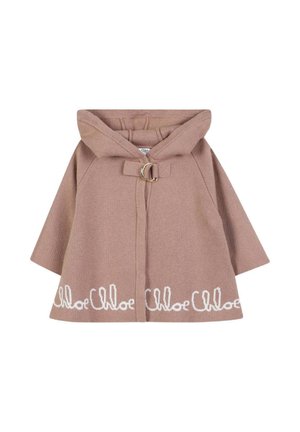 Cappotto con cappuccio rosa chiaro, chiusura a fibbia ad anello, con ricamo bianco "Chloe" lungo l'orlo e tessuto testurizzato con finitura liscia.