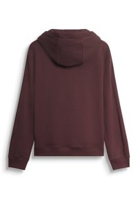 Felpa con cappuccio color bordeaux, in tessuto morbido, con polsini e orlo a coste, vestibilità rilassata, texture liscia, cuciture minime, dotata di tasca a marsupio.