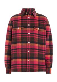 Koszula flanelowa w kratę w kolorze czerwonym, pomarańczowym, brązowym i czarnym. Posiada dwie przednie kieszenie, zapięcie na guziki i klasyczny kołnierzyk. Miękka tekstura.