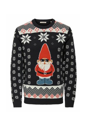 Sort julesweater med en nisse iført solbriller, rød hat og frakke, blå støvler samt hvide snefnug og geometriske mønstre.