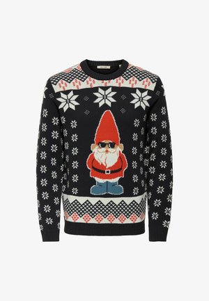 Svart jultröja med en tomte som bär solglasögon, röd mössa och kappa, blå stövlar samt vita snöflingor och geometriska mönster.