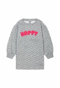 Harmaa pitkähihaisten mekko, jossa on puffi hihansuut, mustapilkullinen pinta ja rohkea vaaleanpunainen "HAPPY" -teksti edessä. Pehmeä puuvillakangas.