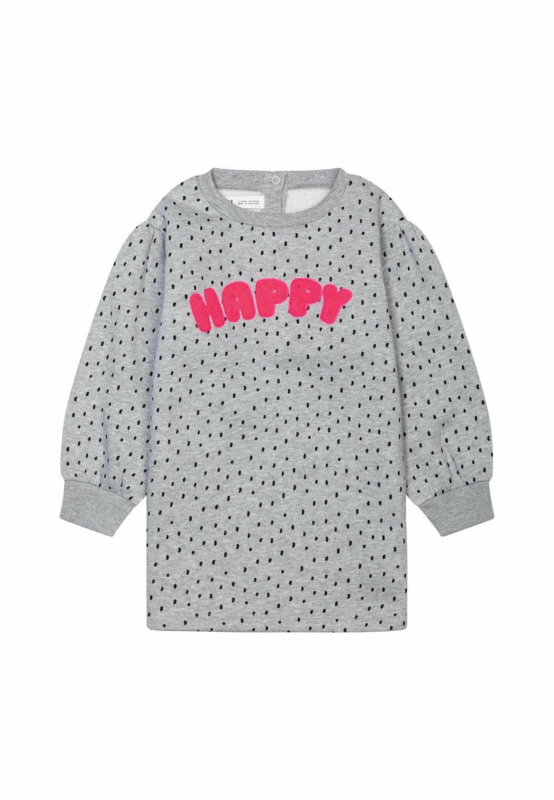 Harmaa pitkähihaisten mekko, jossa on puffi hihansuut, mustapilkullinen pinta ja rohkea vaaleanpunainen "HAPPY" -teksti edessä. Pehmeä puuvillakangas.