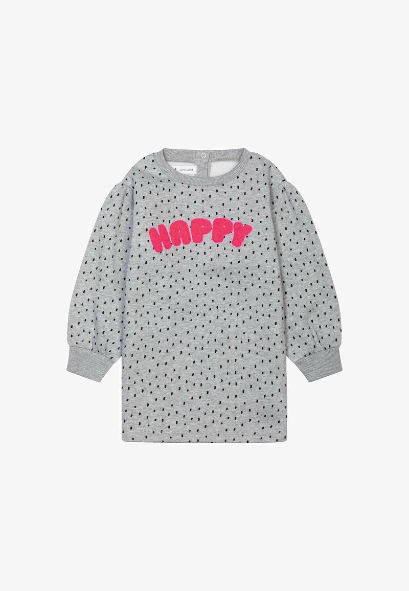 Grau langärmliges Kleid mit puffigen Ärmeln, schwarzem Punktmuster und auffälliger pinkfarbener "HAPPY"-Aufschrift auf der Vorderseite. Aus weichem Baumwollmaterial.
