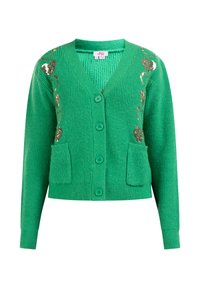 Cardigan verde realizzato in tessuto a maglia testurizzato, con scollatura a V, cinque bottoni, due tasche frontali e decorazioni a forma di cuore metalliche.