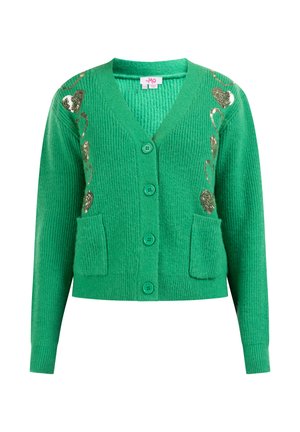 Zielony kardigan z teksturowanego dzianiny, z dekoltem w serek, pięcioma guzikami, dwiema przednimi kieszeniami i metalowymi ozdobami w kształcie serca.