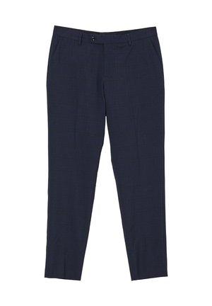 Marineblaue maßgeschneiderte Hose mit einem dezenten Karomuster, flachem Bund, Seitentaschen und einem Reißverschluss. Der Stoff hat eine glatte Textur.