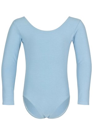 Helles blauer Langarm-Body mit Rundhalsausschnitt und weichem, glattem Stoff. Verfügt über eine enge Passform und einen abgerundeten Saum hinten.