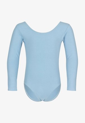 Light blue long-sleeve bodysuit with a scoop neckline and soft, smooth fabric. Features a snug fit and curved hem at the back.