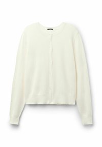 Witte, lichte cardigan gemaakt van zachte gebreide stof. Beschikt over een ronde halslijn, lange mouwen en een knoopsluiting aan de voorkant met bijpassende knopen.