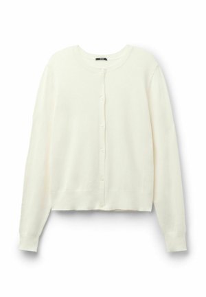 Weiße, leichte Strickjacke aus weichem Strickstoff. Mit rundem Ausschnitt, langen Ärmeln und einer Knopfleiste mit passenden Knöpfen.