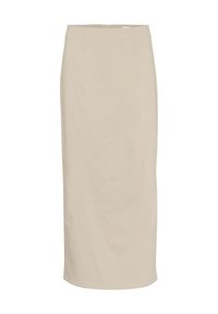 Beige pencil skirt made of smooth fabric; features a straight silhouette with subtle pleats at the front and a concealed zipper at the back.