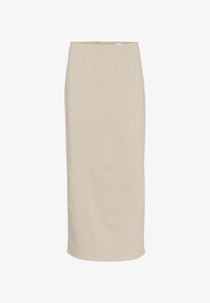 Beige värvi pliiatsiseelik, mis on valmistatud siledast kangast; omab otse lõiget, millel on ees peened voldid ning seljaosas peidetud tõmblukk.