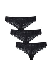 Set di mutandine in pizzo nero, caratterizzato da motivi floreali, bordi smerlati e un design trasparente. Tessuto morbido con vita liscia.