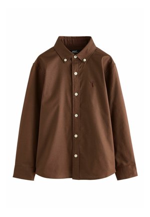 Brown long-sleeve button-up shirt with a button-down collar and small embroidered deer head on the chest, front view on white background.