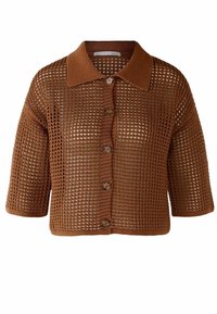 Hnědý pletený kardigan s otevřeným vzorem, krátkými rukávy a klasickým límečkem. Má pět knoflíků na přední straně. Texturovaná látka.