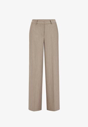 Pantaloni beige a gamba larga con righe verticali, realizzati in tessuto strutturato, dotati di vita con passanti per cintura e tasche frontali.