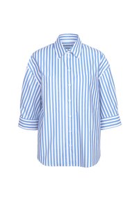 Blauw-wit gestreept shirt met knoopsluiting aan de voorkant, korte mouwen en een kraag. Het materiaal lijkt glad en heeft twee voorzakken.