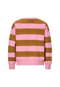 Brązowy i różowy sweter w paski z okrągłym dekoltem, ściągaczami na rękawach i w pasie; wykonany z miękkiego materiału, posiada metkę z logo na plecach.