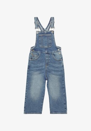 Jeanslatzhosen mit weitem Bein, verstellbaren Trägern, einer Fronttasche und zwei Seitentaschen. Hellblaue Wäsche mit subtilen Ausbleichungen und Stickdetails.