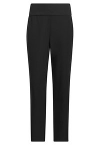 Pantalon noir taille haute à jambes droites avec poches latérales, en tissu stretch lisse adapté pour un usage décontracté et formel.