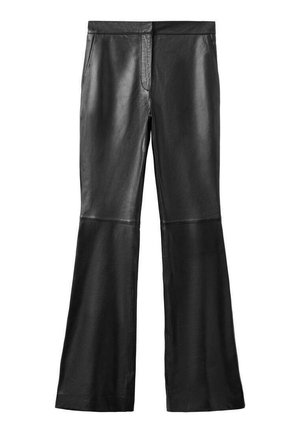 Black leather flared pants with a smooth texture, featuring front pockets and panel detailing. The fabric appears soft and pliable.