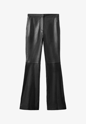 Black leather flared pants with a smooth texture, featuring front pockets and panel detailing. The fabric appears soft and pliable.