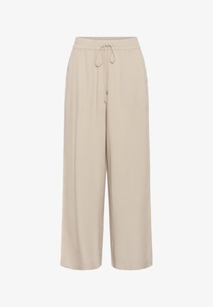 Bež široke hlače z elastičnim pasom in vezalko, stranskimi žepi in sproščenim krojem.