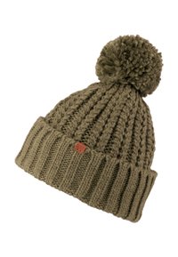 Olivengrüne Strickmütze mit geripptem Bündchen und großem Bommel oben. Besitzt ein kleines, quadratisches Lederetikett an der Seite.