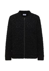 Zwarte bomberjack met een getextureerd luipaardpatroon, geribbelde kraag, manchetten en zoom, met een ritssluiting aan de voorkant en zonder zakken.