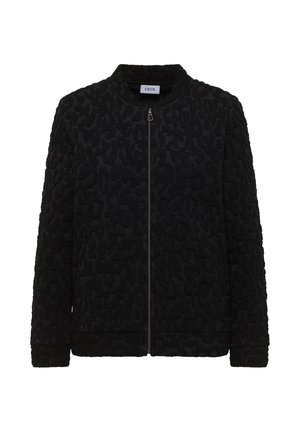 Sort bomberjakke med tekstureret leopardmønster, ribstrikket krave, manchetter og kant, med lynlås foran og uden lommer.