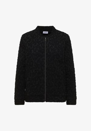 Sort bomberjakke med tekstureret leopardmønster, ribstrikket krave, manchetter og kant, med lynlås foran og uden lommer.
