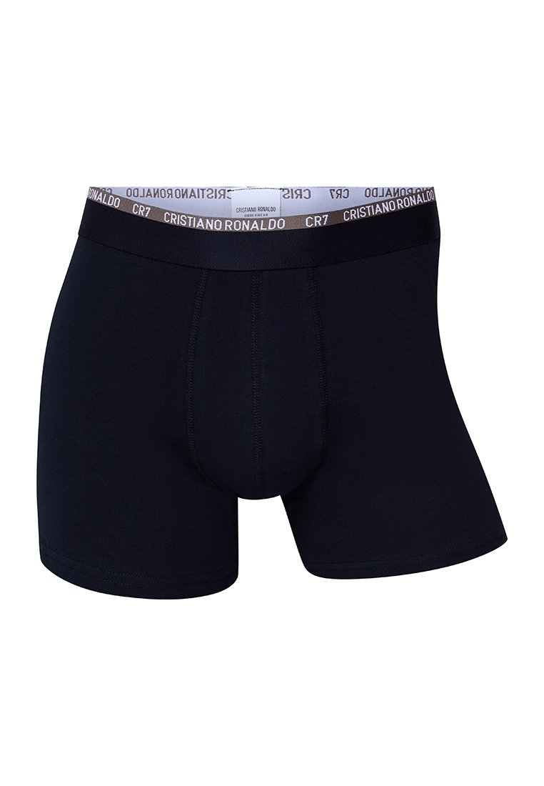 Boxers en coton noir avec une taille douce arborant la marque "CRISTIANO RONALDO" en blanc et beige. Texture lisse et design ajusté.