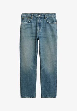Hellblaue Jeans aus Denim im geraden Schnitt, mit Fünf-Taschen-Design und subtilen Ausbleichungen. Ausgestattet mit Metallknöpfen und Nähakzenten.