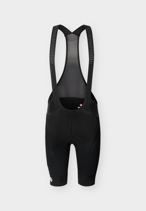 Pantaloni scurți negri de ciclism cu bretele din plasă și panouri pe umeri, lungime până la genunchi, cu o zonă căptușită pentru șa pentru confort.