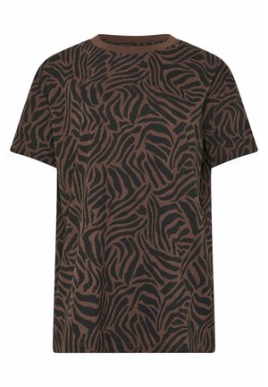 Maglietta a maniche corte con scollo a girocollo, con motivo astratto a strisce di zebra in marrone e nero su tutta la superficie.