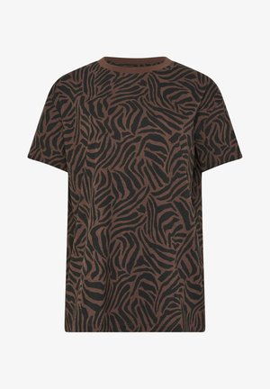 Maglietta a maniche corte con scollo a girocollo, con motivo astratto a strisce di zebra in marrone e nero su tutta la superficie.