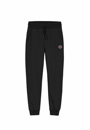 Mustad mustadest riidest spordipüksid, millel on elastne vöökoht ja pael, küljes on taskud ning reie peal on väike logopatch.